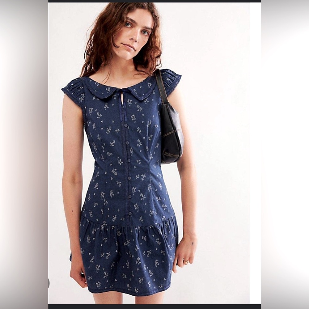 Free People ‼️New Beasley Mini Dress size L navy